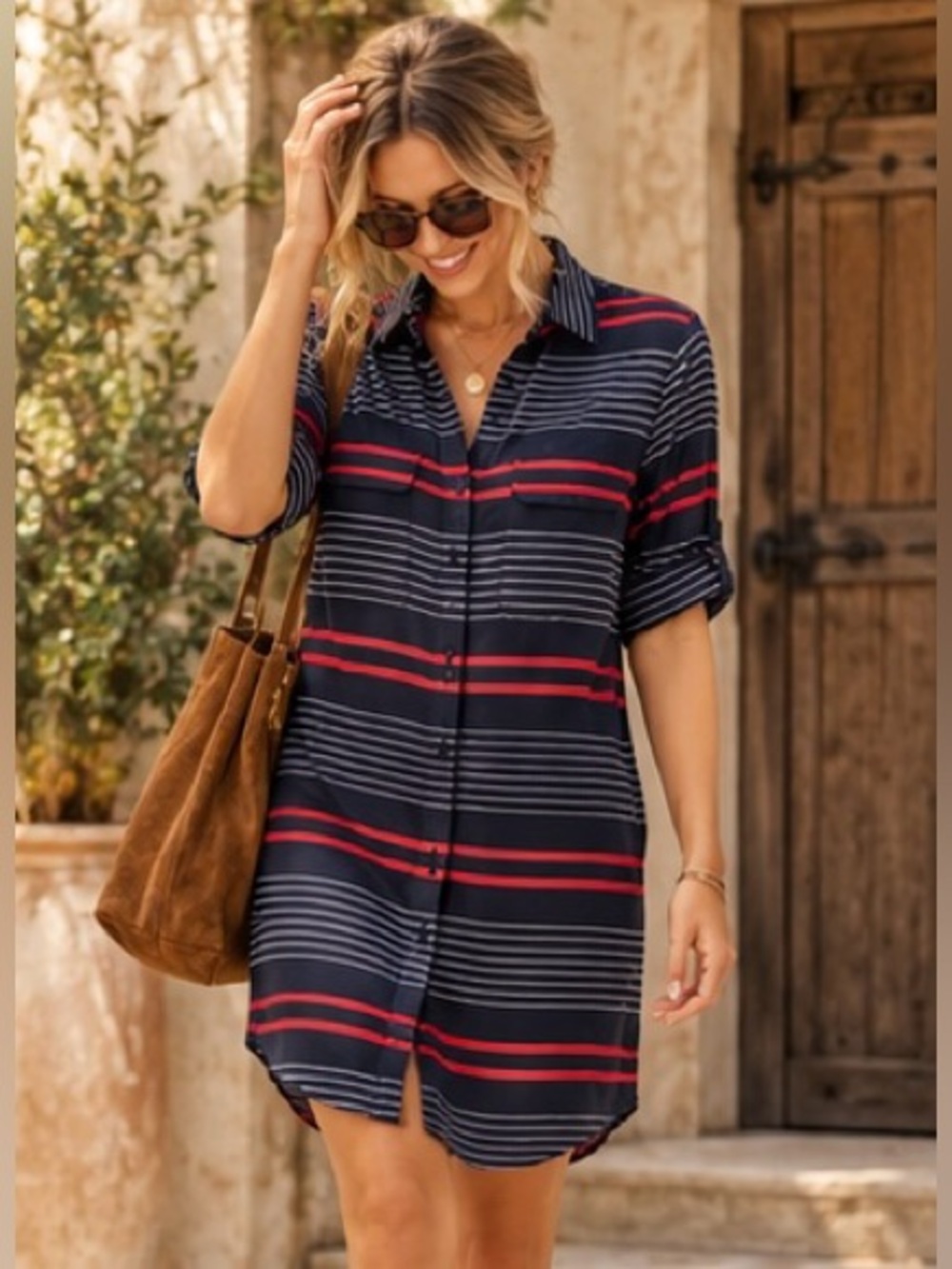 100% Silk Equipment Femme Striped Shirt Dress Navy Red Purple
